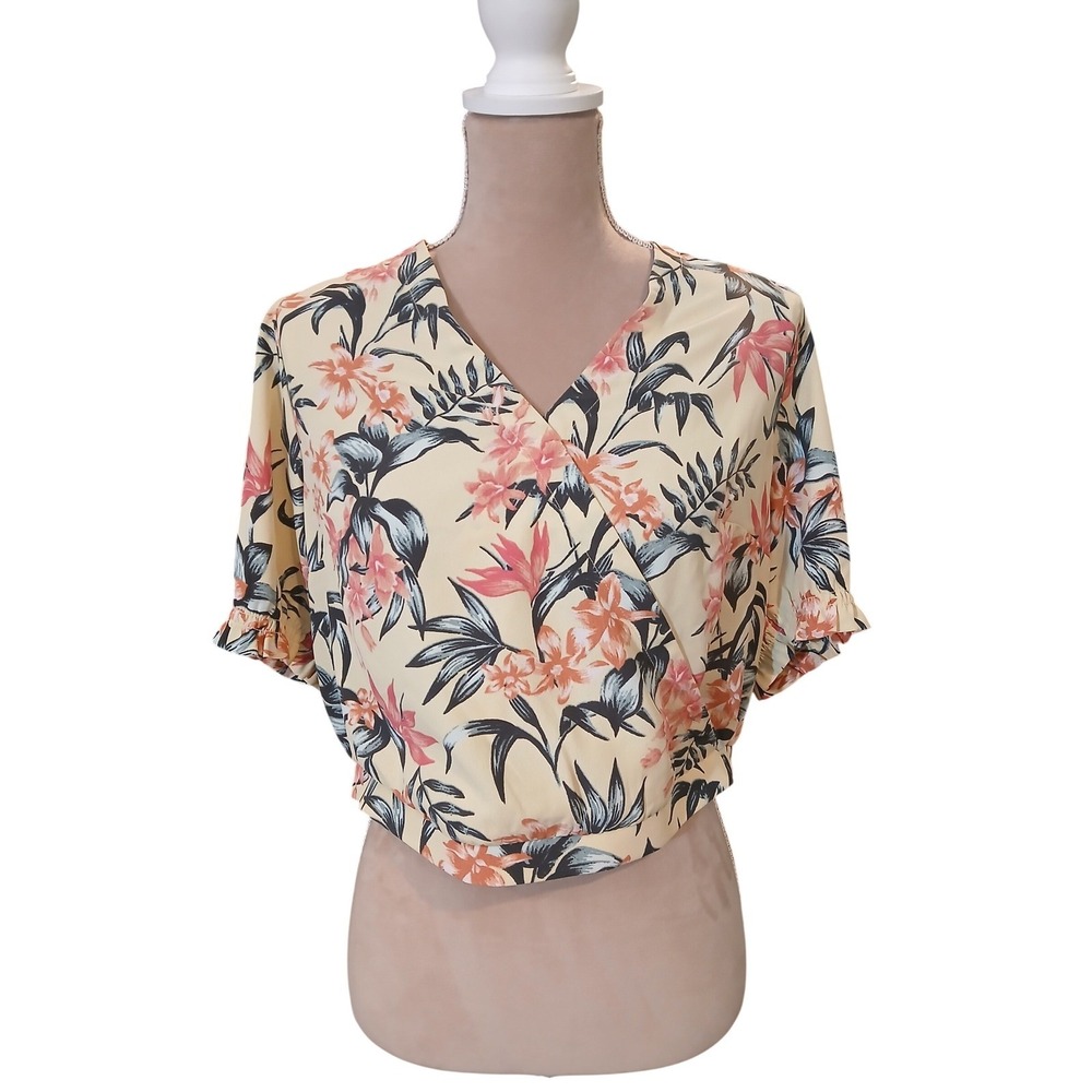 H&M Divided Yellow Floral Cropped Blouse Top Women's Size 14 Ruffle Sleeve Tie